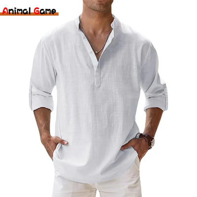 Lightweight Cotton Linen Henley Shirt: Casual Beach & Hawaiian Style