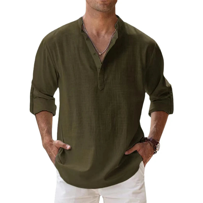 Lightweight Cotton Linen Henley Shirt: Casual Beach & Hawaiian Style