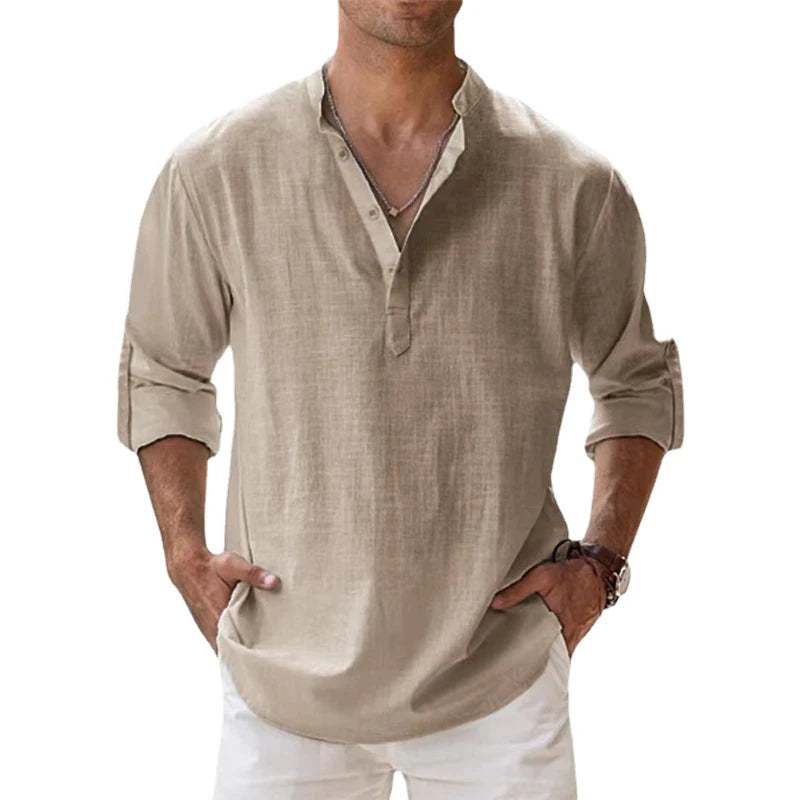 Lightweight Cotton Linen Henley Shirt: Casual Beach & Hawaiian Style