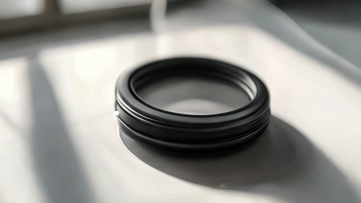 Phone lens cap ring, metallic texture, black, circular, on white table, soft light, shallow focus, photorealistic, high detail