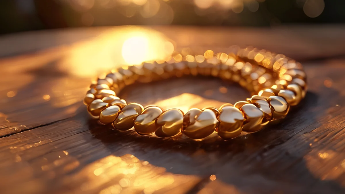 Una cadena de oro con links y perlas, colocada en una superficie.