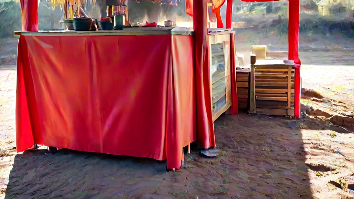 un punto vendita alimentare colorato con tavoli in legno, un foglietto plastico rosso, un pavimento polveroso, una luce laterale calda, un piano di profondità sottile, realismo fotografico, focus acuto, dettagli elevati