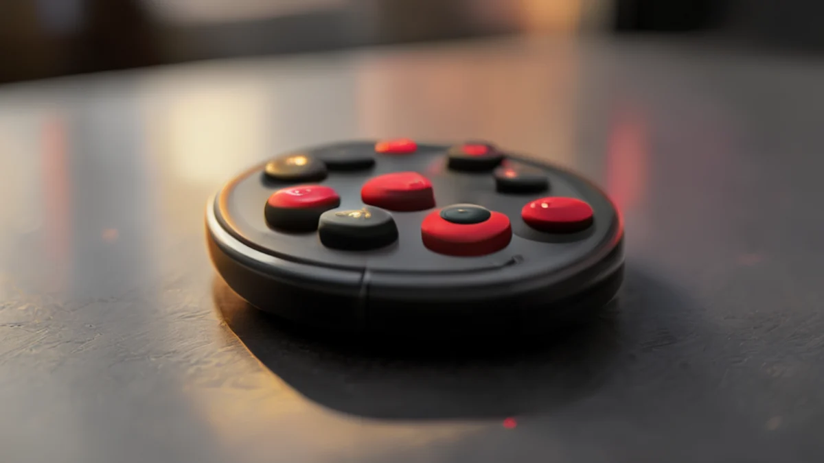 Game controller met knoppen, rood en zwart, plastic textuur, centraal op een grijs tafel onder gouden uurlicht, zachte scherpte, fotorealistisch, scherp focus, hoge details