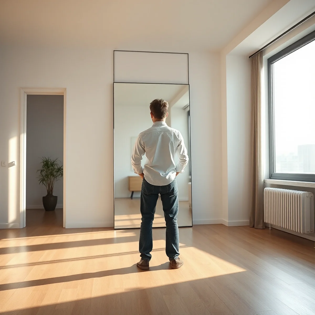Eine Person, die ihren eigenen Stil gefunden und selbstbewusst steht. In einem modernen Interieur mit guter Tageslichtzufuhr werden grundlegende Kleidungsstücke durch eine passende Kombination hervorgehoben.