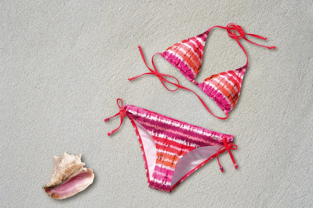 bikini, two piece swimwear, women, two-part, pink, orange, fashion, beach, leisure time, vacations, shell, sand, clothing, nature, swim