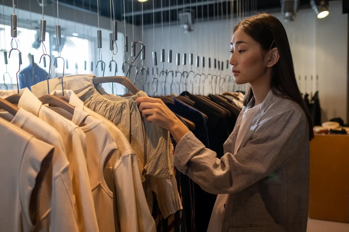 アジアの女性がブティックショップで服を購入しており、ハangerにかけたファッションアイテムを確認している。