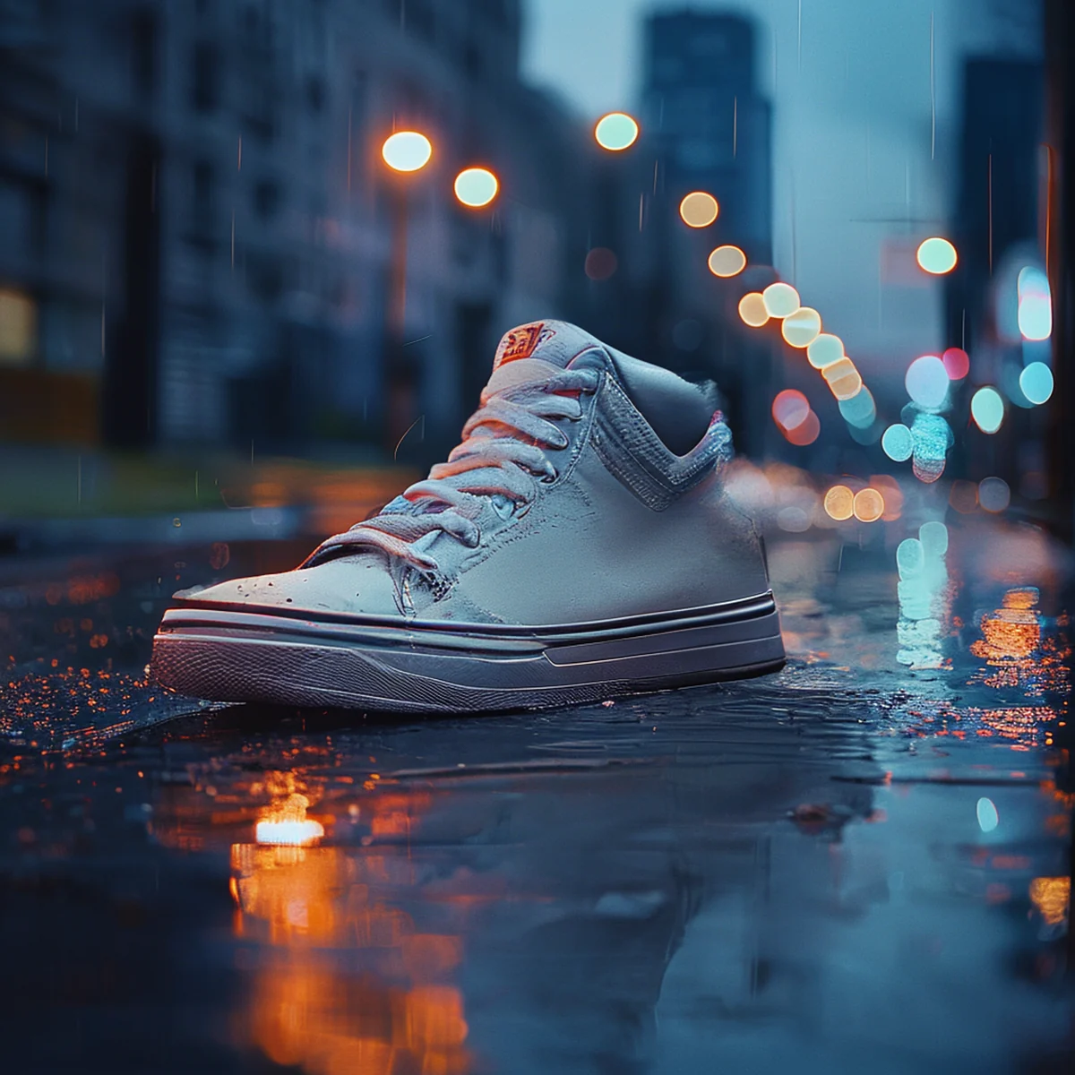 Sneaker alta su un marciapiede cittadino bagnato